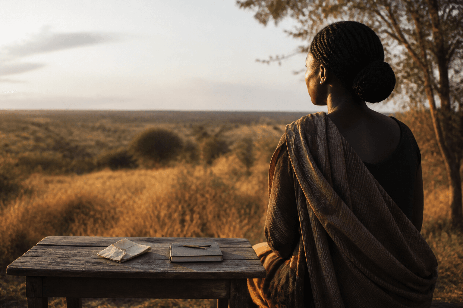A woman seated beside a letter and notebook, looking across the savanna at golden hour